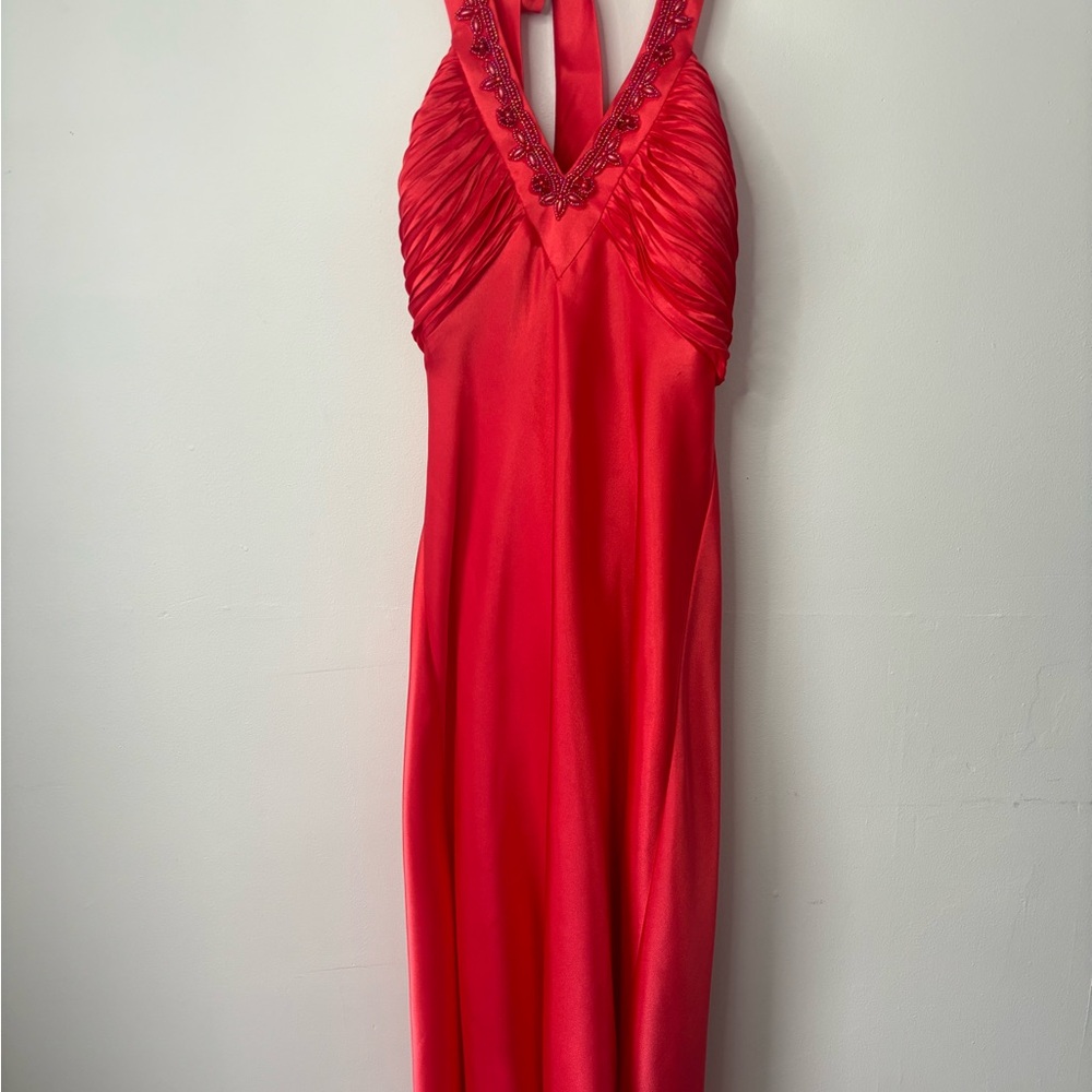 Elegant Coral/Red Halter Dress with Beaded Detail